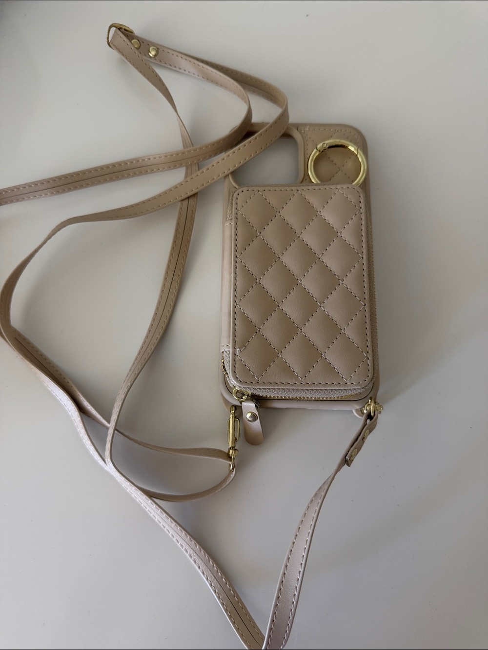 Quilted Crossbody Phone Bag in Beige with Gold Hardware iPhone 12